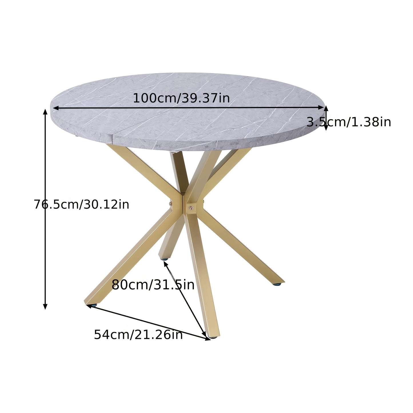 Ronde Eettafel – Eettafel Rond – Keukentafel – Tafel 4 Personen – Eettafel 6 Personen – 100 cm Diameter – MDF Marmerprint – Metalen X-Poot – Kras- en Hittebestendig – Compact Ruimtebesparend – Grijs