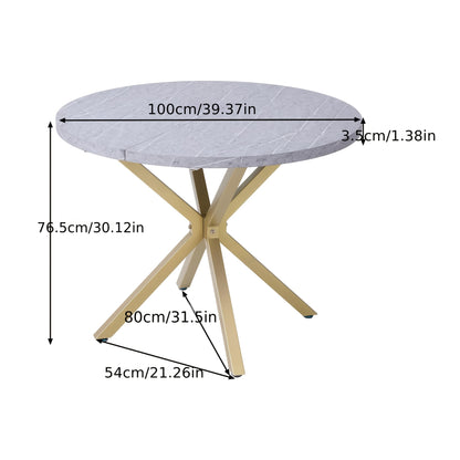 Ronde Eettafel – Eettafel Rond – Keukentafel – Tafel 4 Personen – Eettafel 6 Personen – 100 cm Diameter – MDF Marmerprint – Metalen X-Poot – Kras- en Hittebestendig – Compact Ruimtebesparend – Grijs