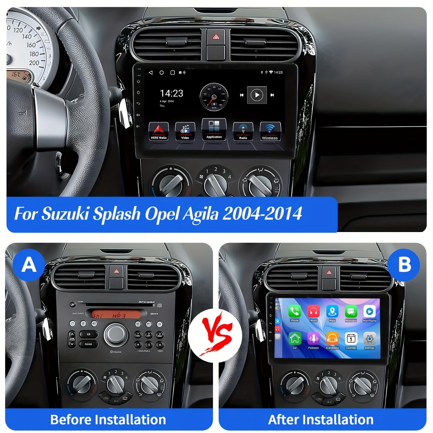 ESSGOO 2+64GB Android 14 Car Stereo Radio, 9 Inch/22.8cm IPS Screen 2 Din Multimedia Player, Android Auto & Wireless CarPlayer, FM/RDS Support Handsfree Calling Steering Wheel Control, for Suzuki Splash Opel Agila 2004-2014,