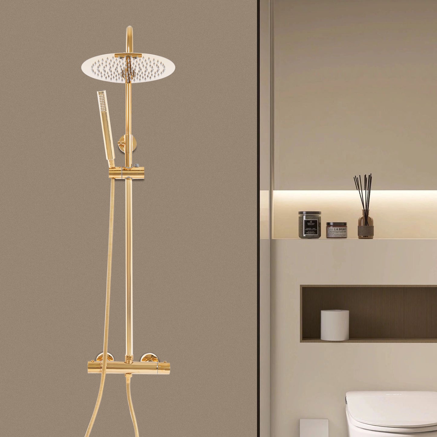 Thermostatische Doucheset – Douchekraan – Douchepaneel – Handdouche – Douchestang – Gouden 25 cm Rond – Verstelbare Hoogte en Kantelbare Hoofddouche – Duurzaam Koper en Roestvrijstaal