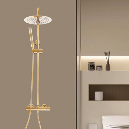 Thermostatische Doucheset – Douchekraan – Douchepaneel – Handdouche – Douchestang – Gouden 25 cm Rond – Verstelbare Hoogte en Kantelbare Hoofddouche – Duurzaam Koper en Roestvrijstaal