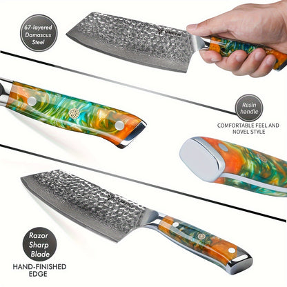 A Knife for Cutting Vegetables in The Kitchen, Made of Hammered Damascus Steel with a Resin Handle, from The YAO Series, Measuring 19.05 cm.