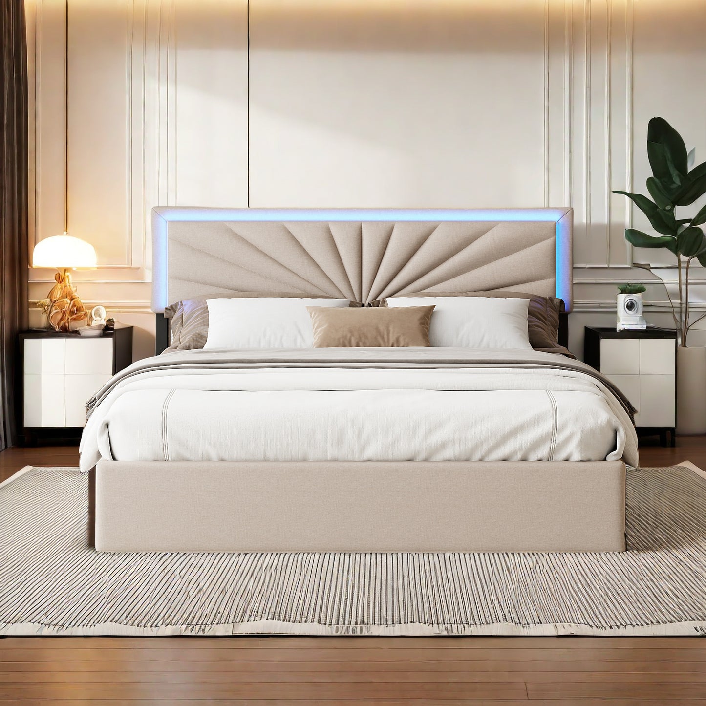 Bedframe – Gestoffeerd Bed – Tweepersoonsbed – Slaapbank – Opbergbed – 160 x 200 cm – LED-verlichting – 4 Grote Laden