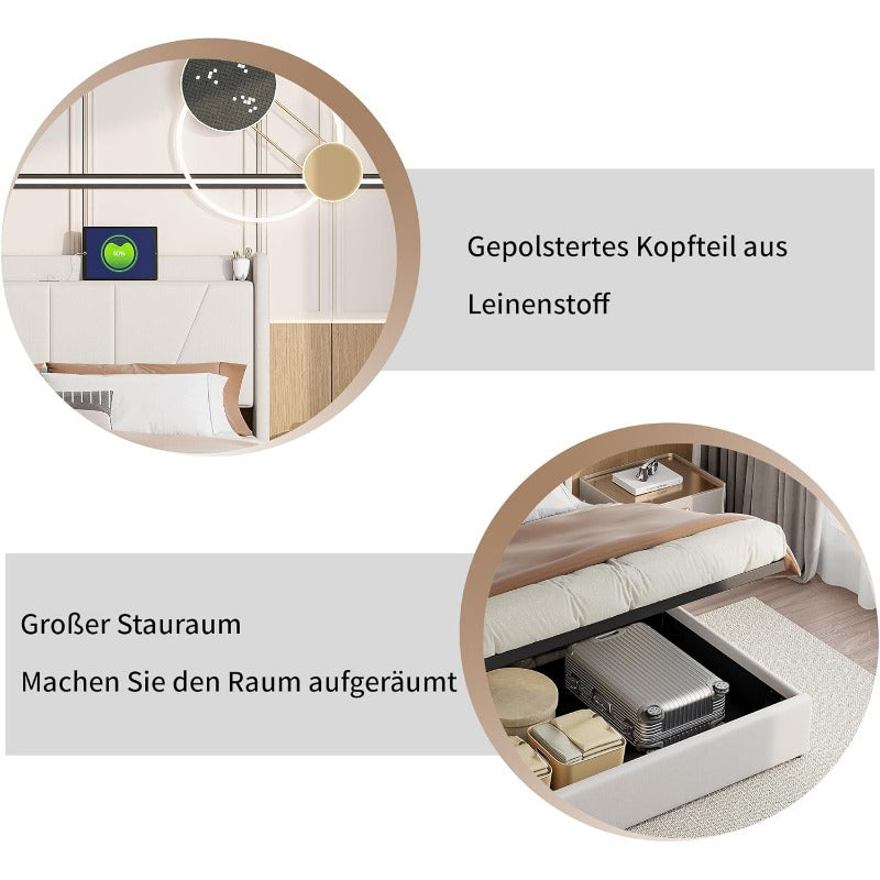 Tweepersoonsbed – Opbergbed – Stijlvol Bedframe – Slaapbank – Boxspringbed – 140x200 cm – Linnen Bekleding – Hydraulische Opbergruimte