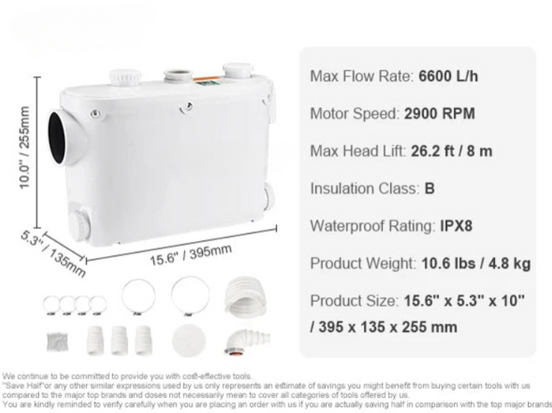 Dompelpomp - Rioolpomp - 500W - 2900 TPM - 6600L/u Debiet - IPX8 - voor het oppompen van water uit zwembaden, kelders en hot tubs - Wit - QUORE