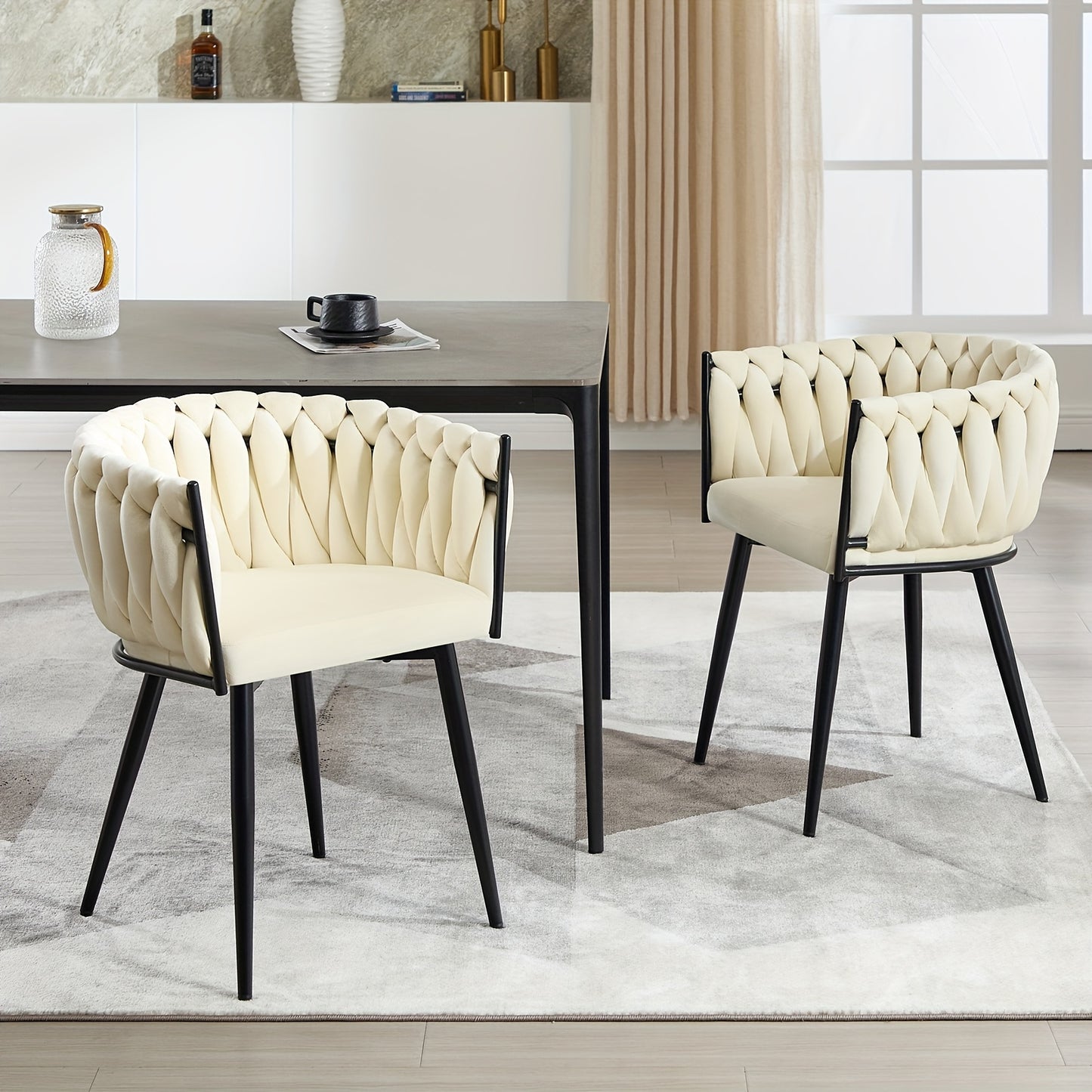 Eetkamerstoelen – Keukenstoelen – Stoelen – Kuipstoelen – Set van 2 – Beige Velvet – Met Metalen Kruispoten – Ergonomisch Met Armleuningen