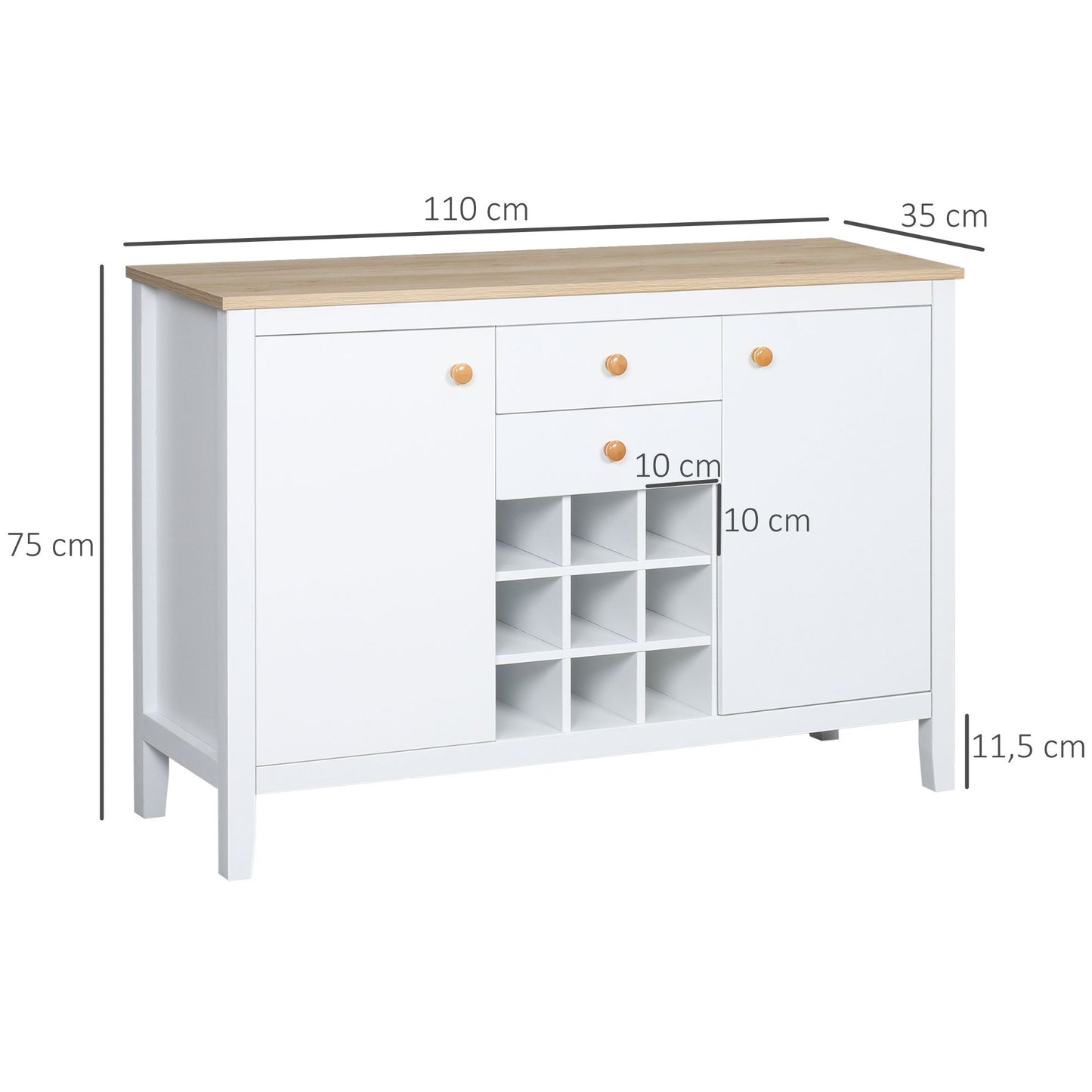 Opbergkast – Kastje – Dressoir – Bergkast – Buffetkast – 2 Laden – 2 Verstelbare Planken – Flessenhouder Voor 9 Flessen – Wit – Hout – 110 x 35 x 75 cm