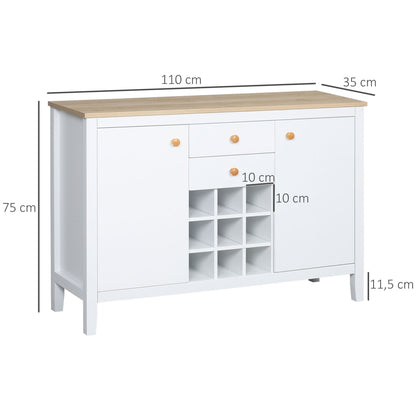 Opbergkast – Kastje – Dressoir – Bergkast – Buffetkast – 2 Laden – 2 Verstelbare Planken – Flessenhouder Voor 9 Flessen – Wit – Hout – 110 x 35 x 75 cm