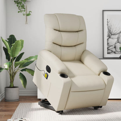 Elektrische Relaxstoel – Elektrische Sta-op Stoel – Relaxfauteuil – Verstelbare Stoel – Vibratiefunctie – Opsta-ondersteuning – Crème Kunstleer – Tot 135 Graden Verstelbaar