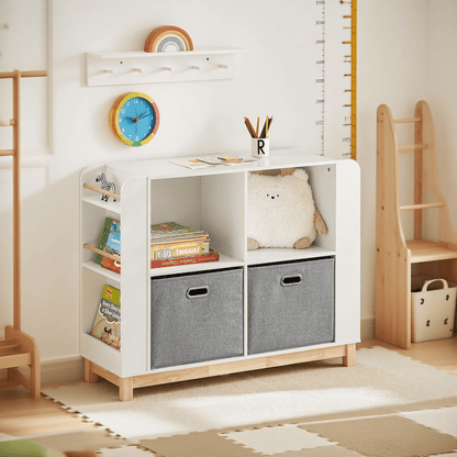 Kinderboekenkast – Kinderboekenrek – Opbergkast – Boekenplank – Speelgoedkast – MDF & rubberhout – 100x80x35 cm – Inclusief Stoffen Opbergboxen