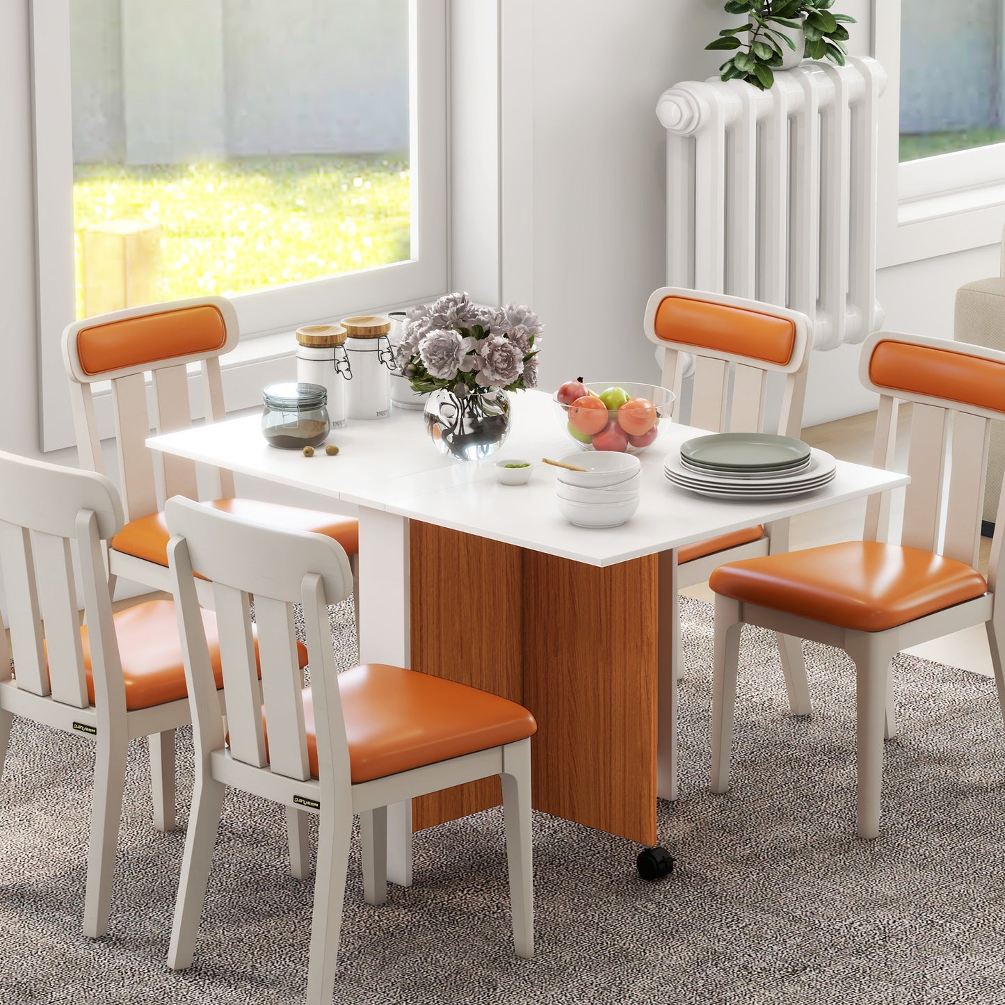 Uitklaptafel – Klaptafel – Inklapbare Tafel – Vouwtafel – Eettafel – Mobiel met Wielen – Uitschuifbaar 120x80x73 cm – Modern Teak en Wit Design