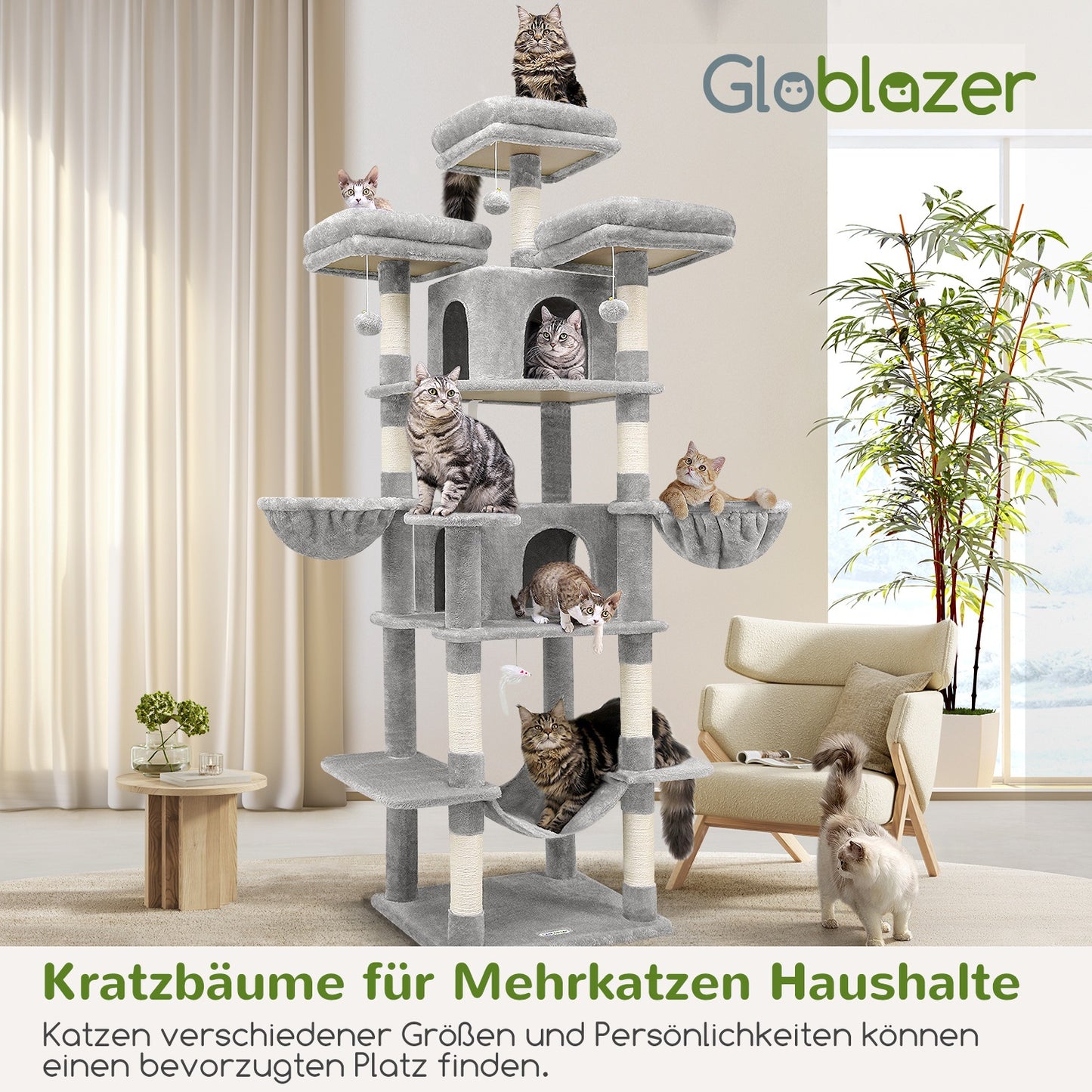 Krabpaal – Krabmeubel – Kattenmeubel – Klimpaal – Hangmatpaal – Donkergrijs – 183 cm Hoog – 6 Krabpalen & Hangmat – Geschikt Voor Grote Katten >9 kg
