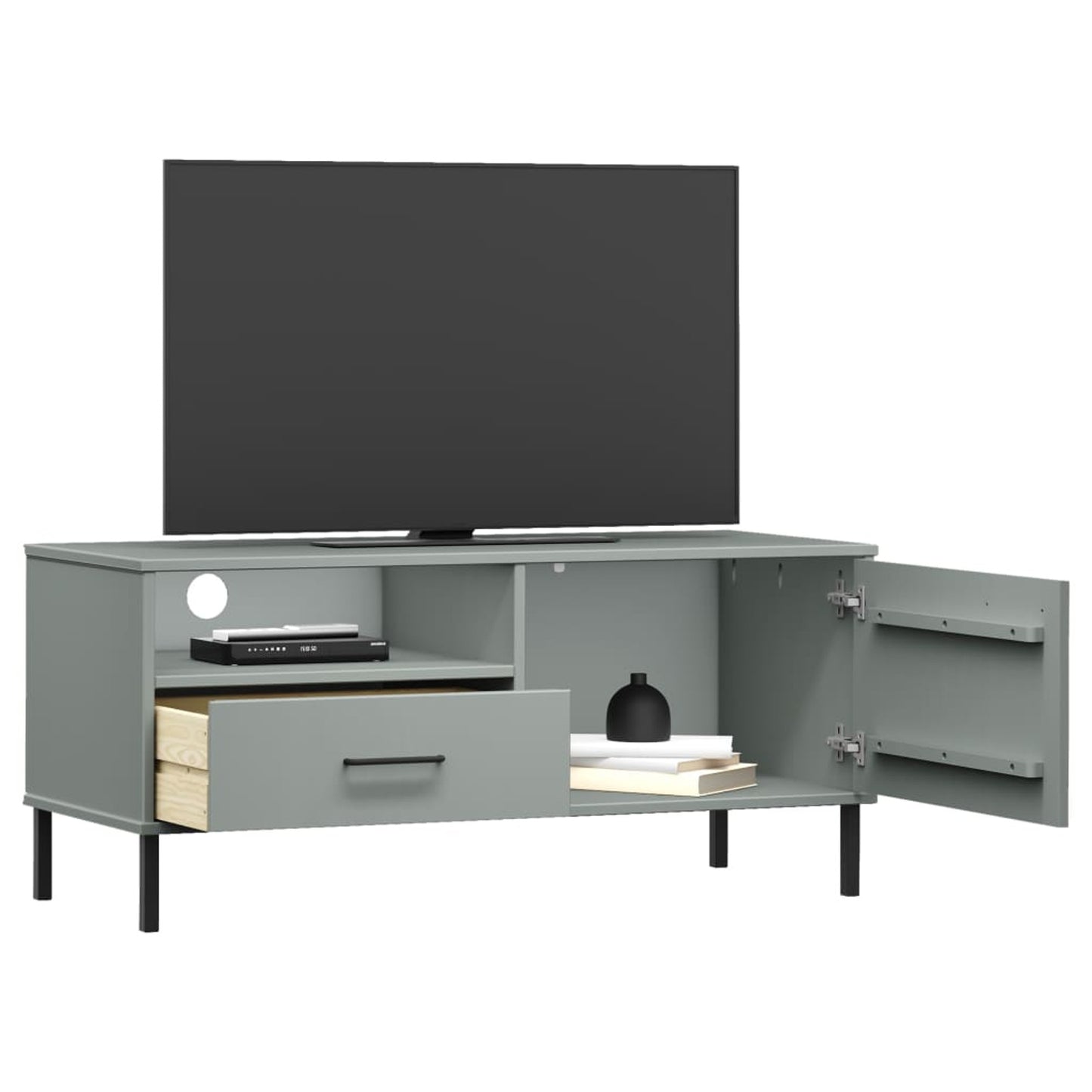 TV Cabinet with Metal Legs Grey Solid Wood Pine OSLO TV Stand Entertainment Center with Storage, Media Television Table for Living Room Bedroom