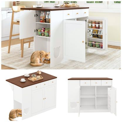 Keukeneiland – Keukentrolley – Keukenwagen – Kitchen Sideboard – Opbergmeubel – Uitschuifbaar Werkblad 120x70 cm – Ingebouwd Kruidenrek – Huisdier Voerplek Wit/Walnoot