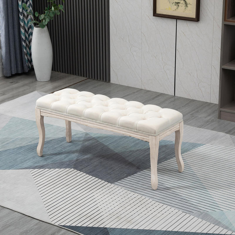 Hot Upholstered bench, chest bench, shoe bench, piano bench, vintage bed bench, bedroom, living room, hallway, rubber wood, linen, beige, 110 x 40 x 48cm