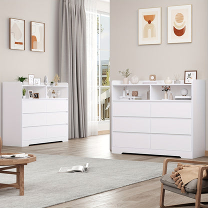 Brede Ladekast – Ladekast Met Lades – Opbergkast – Dressoir – Kast Met Open Vakken – Modern Wit Design – 6 Ruime Lades Met 2 Open Vakken – Stevig Kunststof En Massief Hout