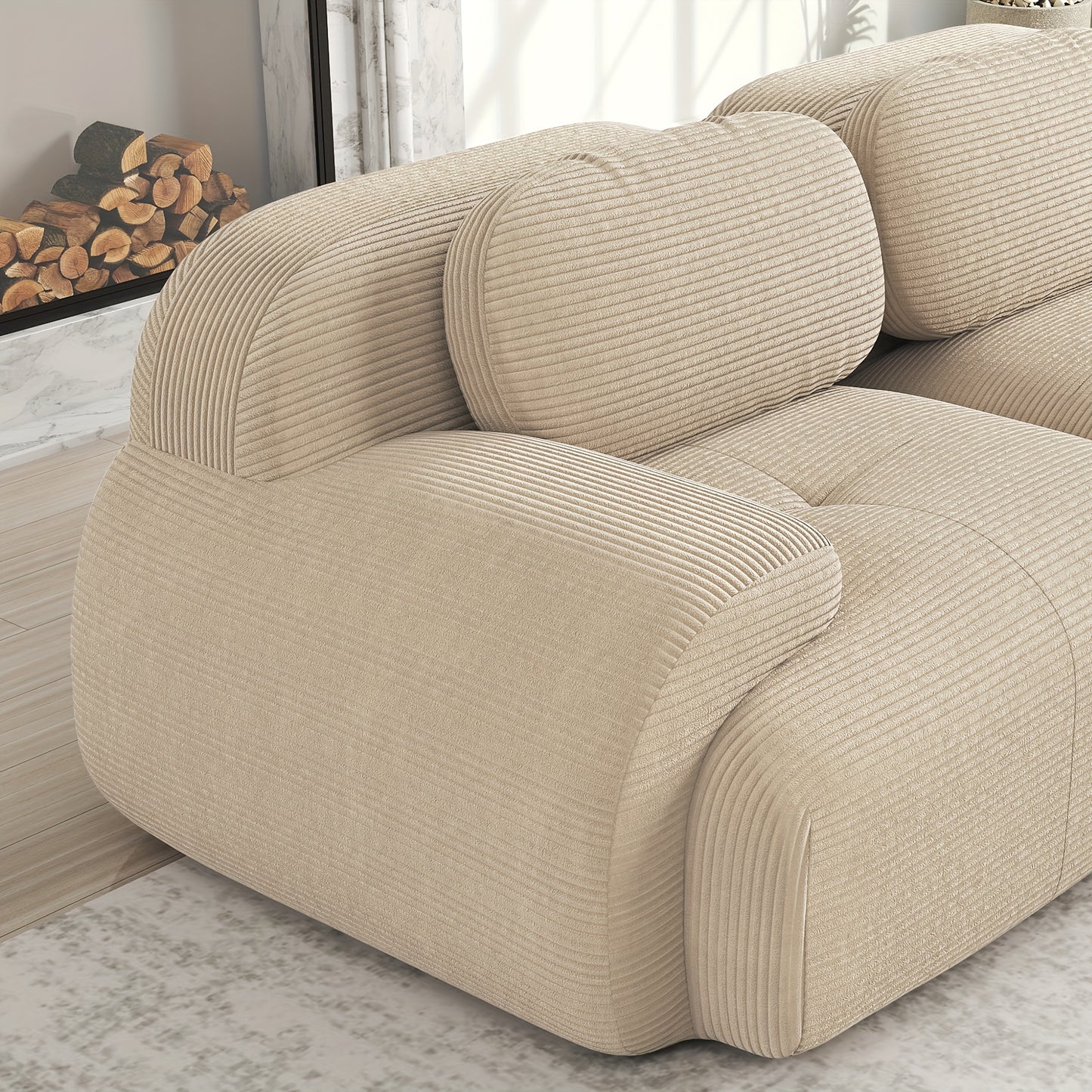 A Corner Sofa That Is Modular And Does Not Need to Be Assembled, Designed for Comfort And Pets, Crafted from Corduroy with Wide Armrests, Featuring 32D High-Stretch Material, Ideal for Both Living Rooms And Bedrooms, in a Bei
