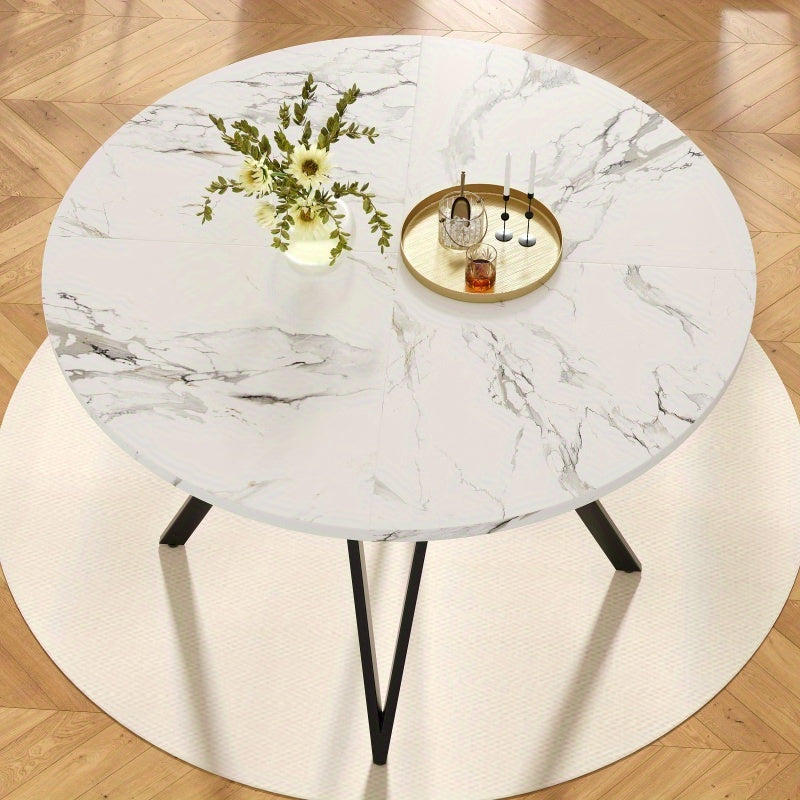 Ronde Eettafel – Rond Tafeltje – Keukentafel – Eetkamertafel – Tafel Rond – Marmerlook MDF Blad – Zwart Metalen A-Poot – 100 cm Compact Design – Stevig & Onderhoudsvriendelijk