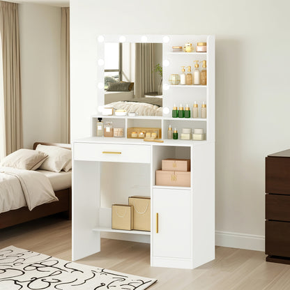 Make-uptafel – Kaptafel – Schminktafel – Dressoir – Vanity – Wit – Met Spiegel en 10 LED Lampjes – 3 Verstelbare Helderniveaus – Veel Opbergruimte met Lade en Kastje