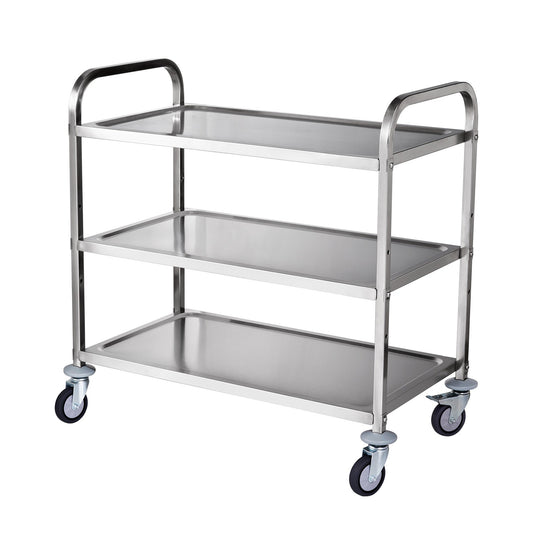 3-laags RVS Opberghulpwagen – Opbergwagen – Werkplaatskar – Servicetrolley – Transportkar – Roestvrij Staal – Draagvermogen 204 kg – Verstelbare Planken & Geruisloze Zwenkwielen