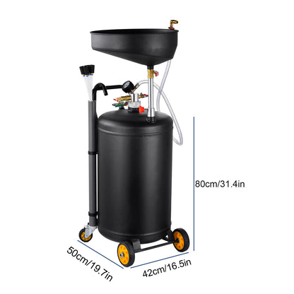 Portable 2-in-1 Used Oil Drain Oil Collector | 90 L Pneumatic Oil Drain, Adjustable Height, Stainless Steel, Equipped with Wheels, Black Color