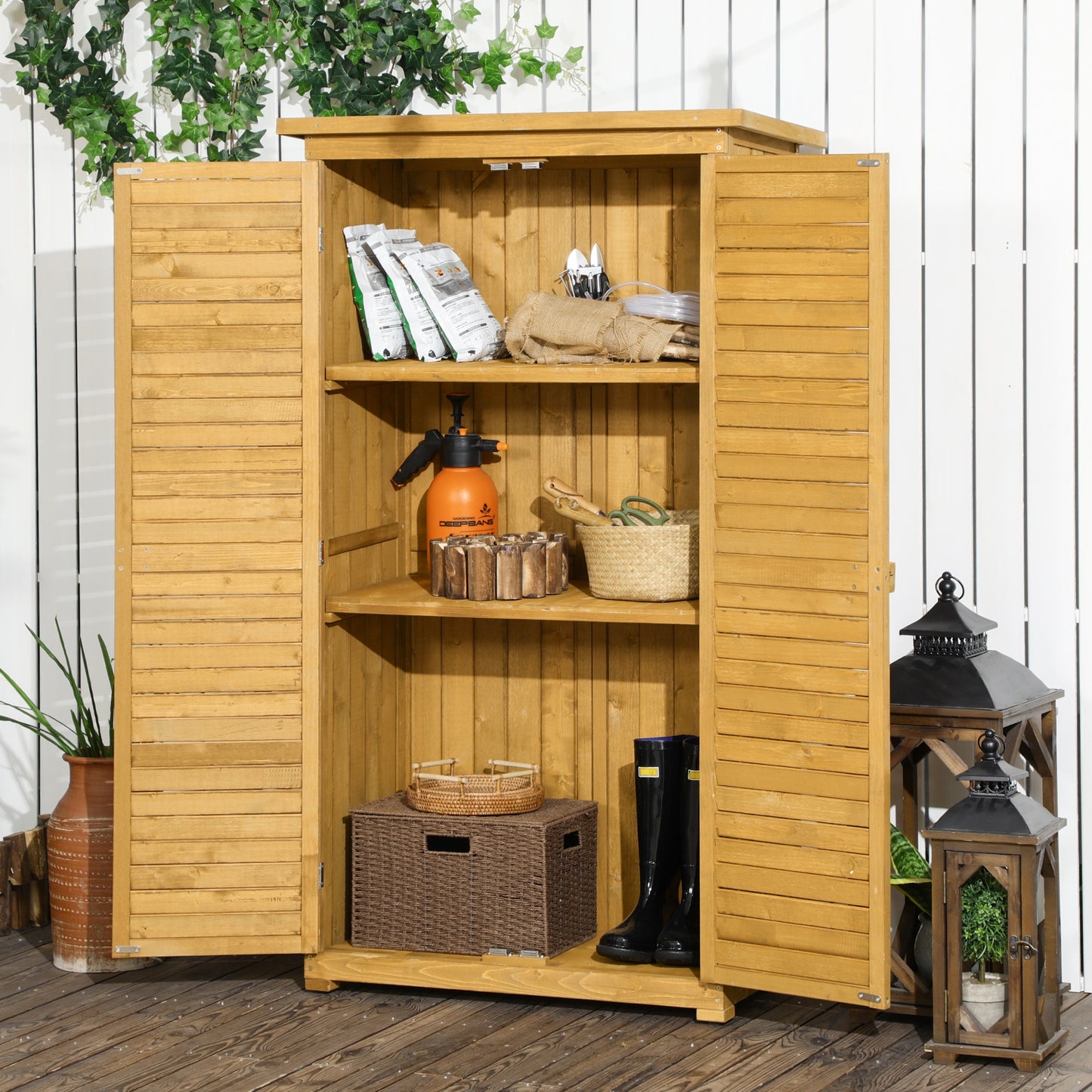 Tuinkast – Houten Tuinhuisje – Tuinberging – Gereedschapskast – Opbergkast – Afgelakt Vurenhout – Ventilerende Lamellen Deuren – 87x46,5x160 cm