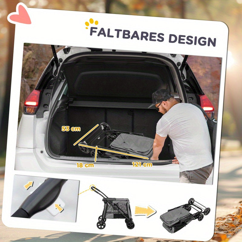 Hondenwandelwagen – Hondenbuggy – Hondenkar – Huisdierwagen – Kattenbuggy – Inklapbaar – 600D Oxford Stof – Met Zachte Kussens – Tot 20 kg – Grijs