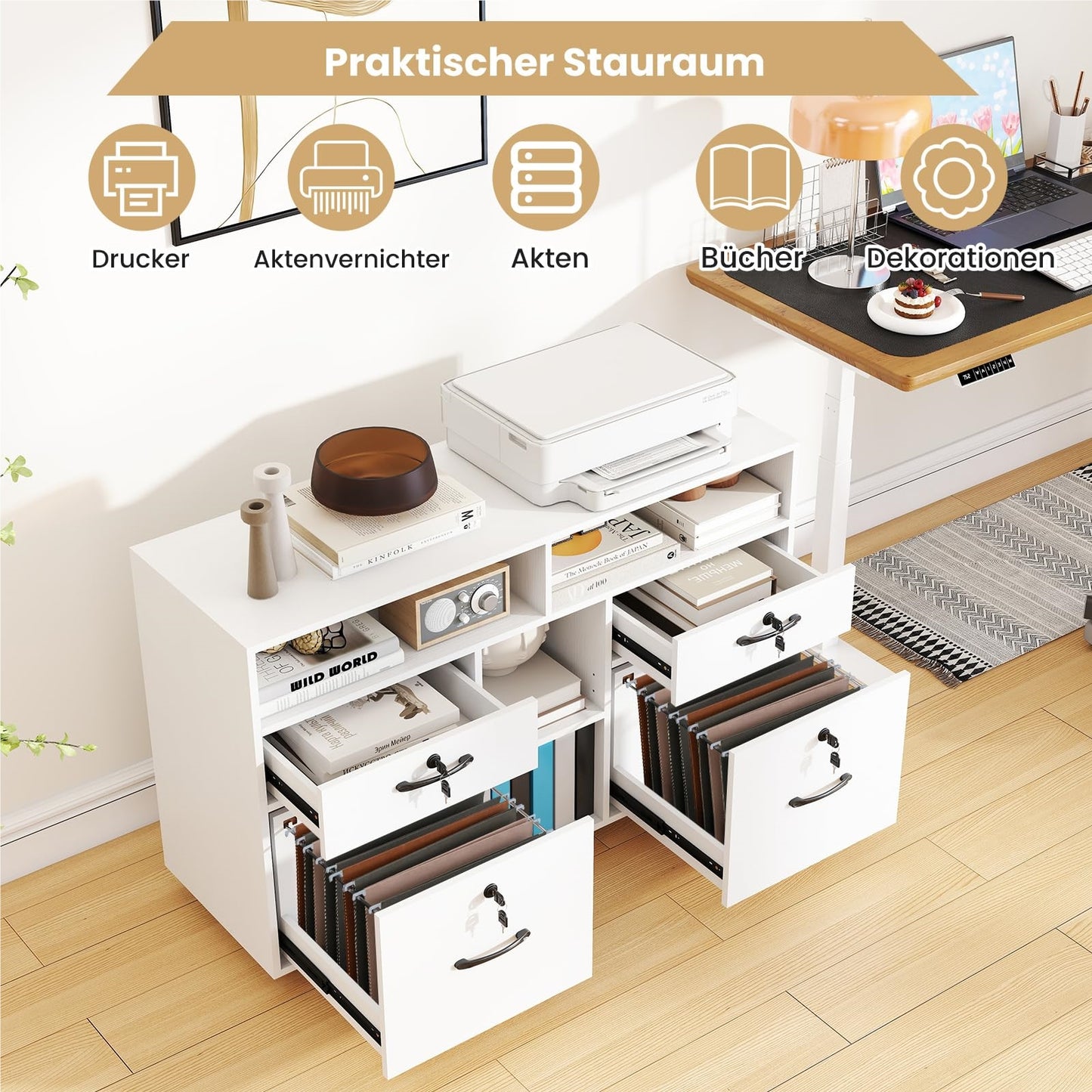 Rollende Ladekast – Mobiele Opbergkast – Archiefkast – Bureaukast – Printerstandaard – 4 Lades Met Slot – Verstelbare Middenplank – Wit – 5 Zwenkwieltjes Met Rem – Stabiel MDF Ontwerp