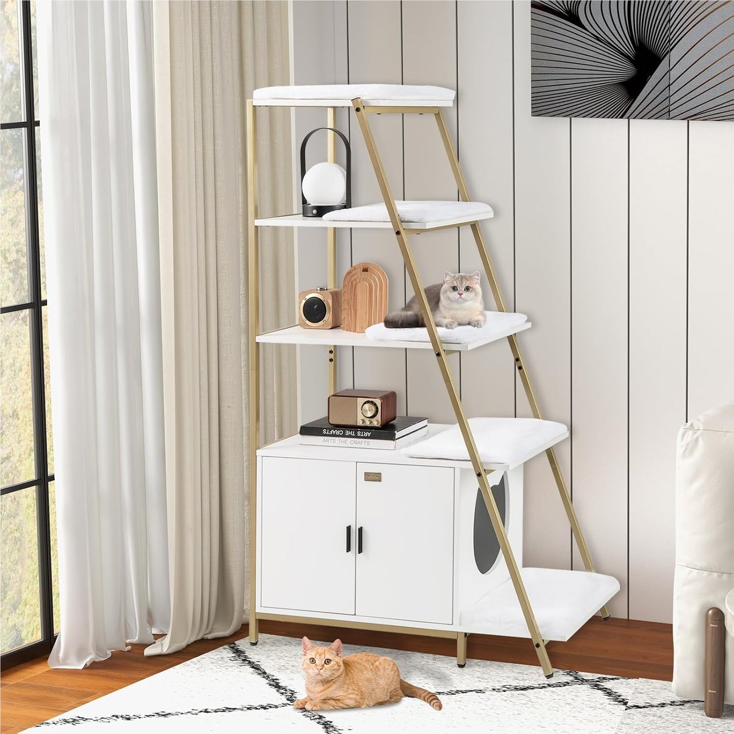 Kattentoiletkast – Kattenbakmeubel – Kattenkast – Kattenbakkast – Kattenhuis – Met 5 Wasbare Pluche Matten – Verstelbare Voeten & Ventilatieopeningen – Wit
