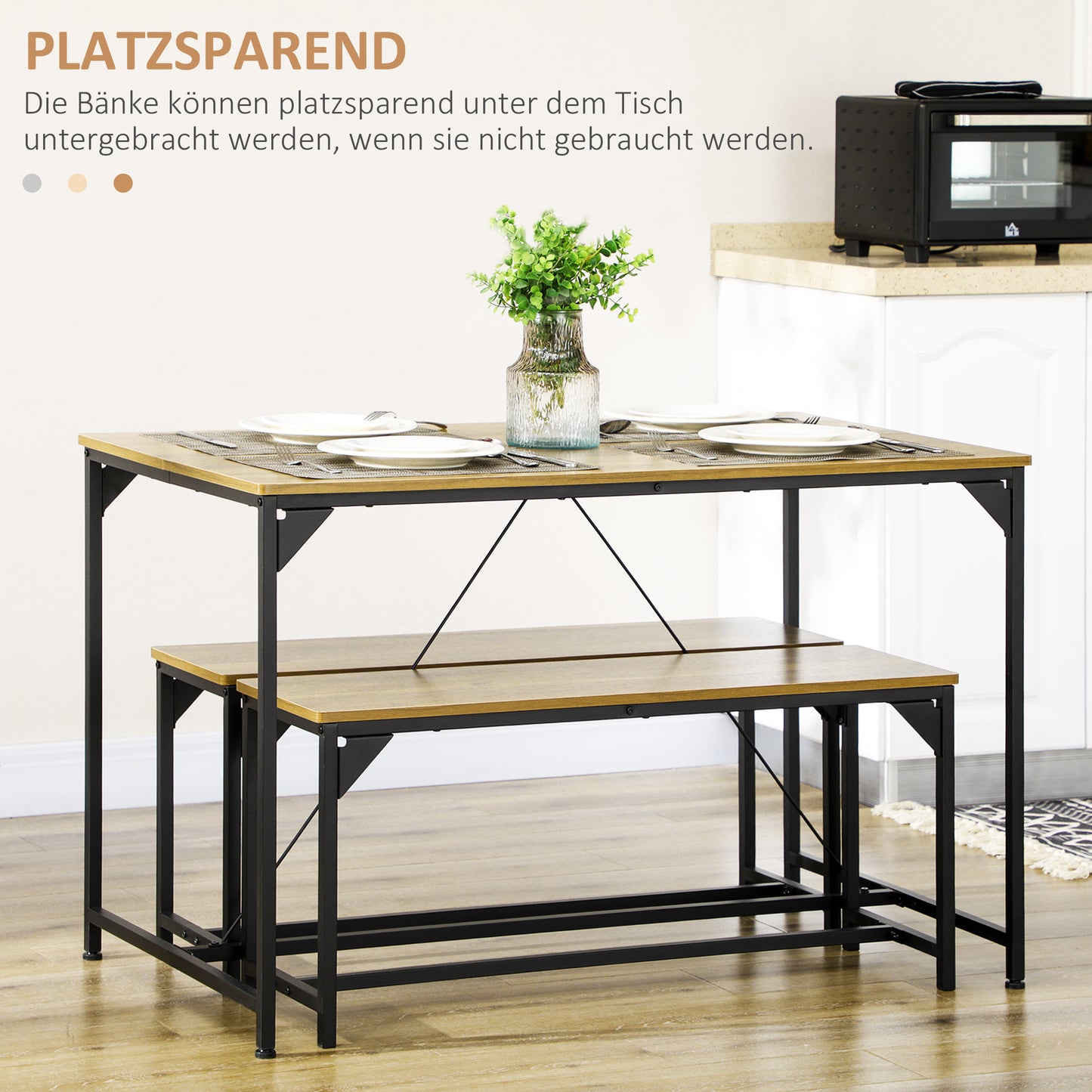 Eethoek – Eetkamerset – Keukentafelset – Tafel met Banken – Eettafelset – Compact en Ruimtebesparend – Houtlook Met Industrieel Staal