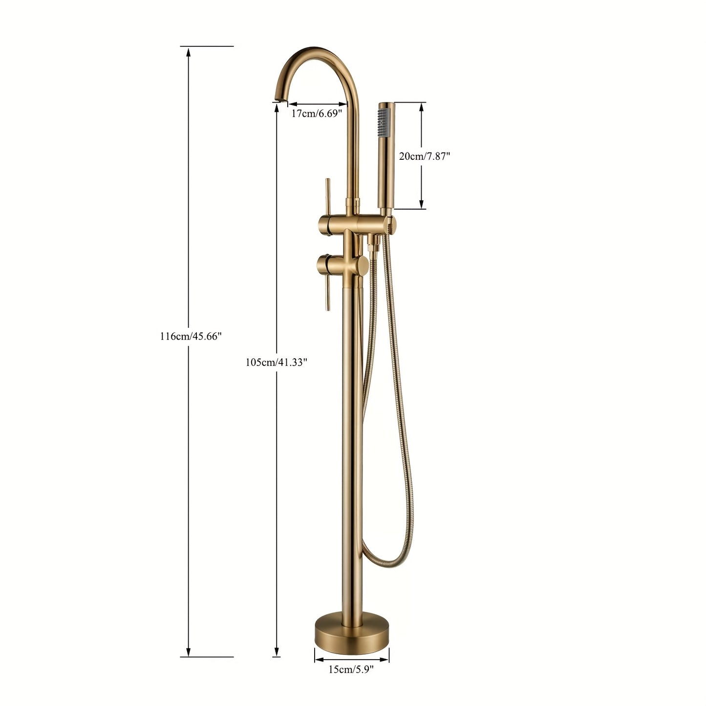 Vrijstaande Badkraan – Vloerkraan – Badmengkraan – Vloermontage Kraan – Staande Mengkraan – Geborsteld Goud – 118 cm Hoog – Keramische Valve