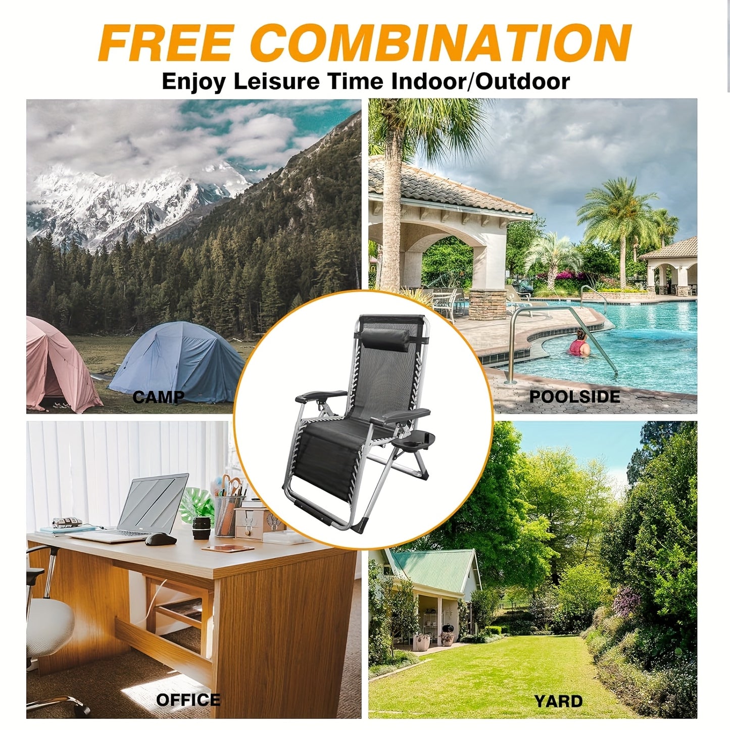 Foldable Lounge Chair, Reclining Sun Lounger For Garden With Headrest, Garden Lounge Chair With Drink Holder, Sun Chair, Weight Capacity 200 Kg, Foldable Garden Lounge Chair For Garden, Beach, Pool, And Balcony