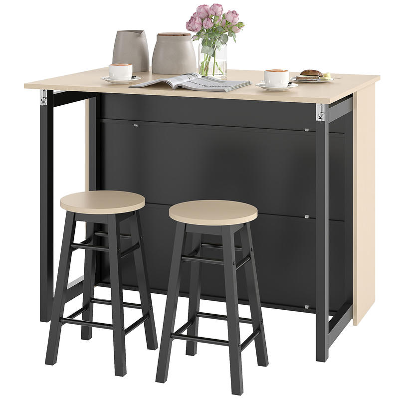 Bardes – Barset – Bartafel – Barkrukken – Opbergmeubel – Inklapbaar Tafelblad – 2 Comfortabele Barkrukken – 6 Handige Opbergvakken