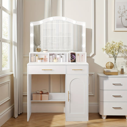 Make-uptafel – Kaptafel – Visagietafel – Make-up Bureau – Make-up Spiegel – Wit met Gouden Accenten – Grote Spiegel 45x70 cm – 3-Kleurige Instelbare LED-Verlichting