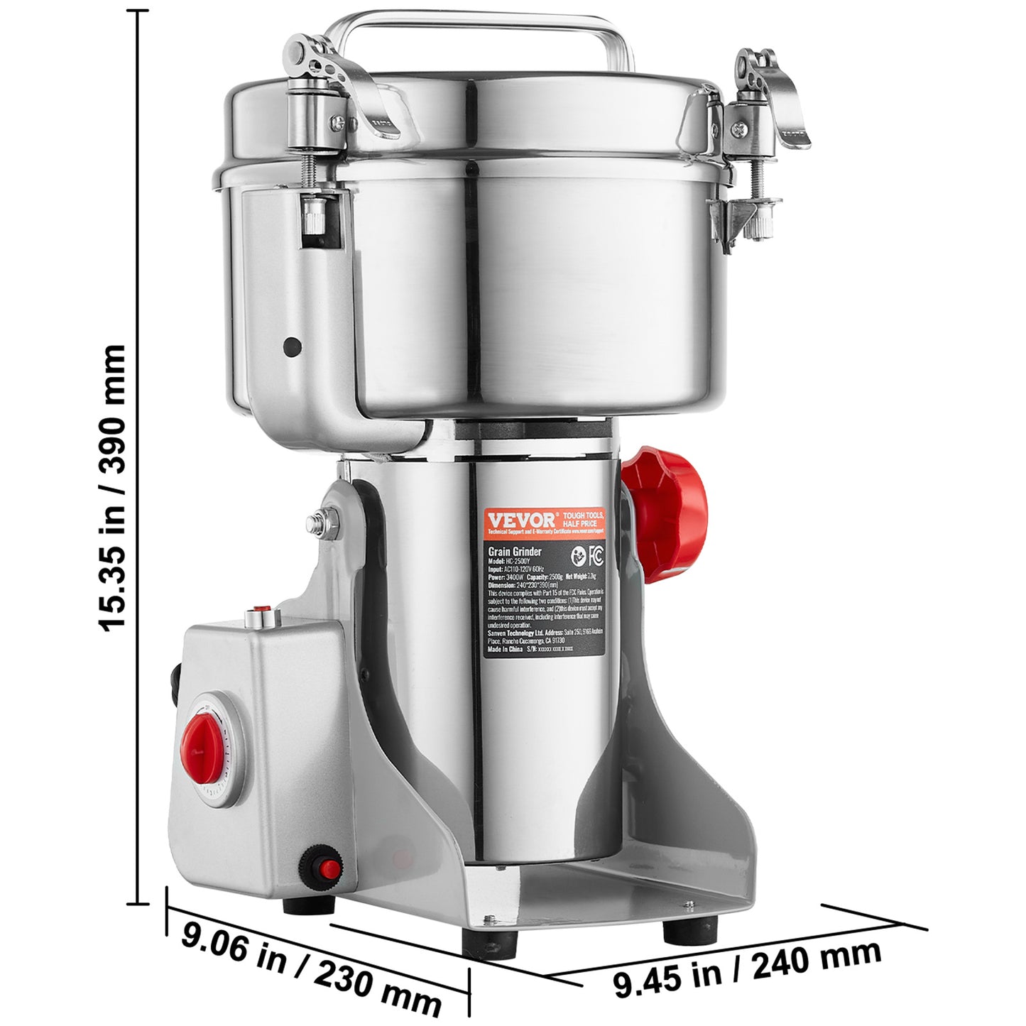 Elektrische Kruidenmaler – Graanmaler – Specerijenmolen – Koffiemolen – Poedermolen – 2500g Capaciteit – 3600W Motor – 270° Swing Ontwerp – RVS 403 Veilig