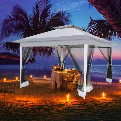 3.66x3.66meter Pop-Up Tent with 4 Mosquito Net Side Walls, Double Roof Design, Height Adjustable, Carry Bag Included - Ideal for Beach, Outdoor, Terrace Use, Beach Tent, Outdoor Shelter, Modern Shelter, Durable Fabric