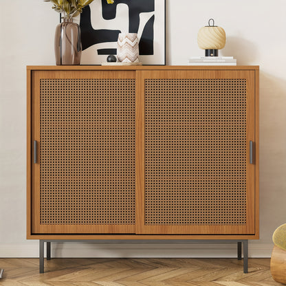 Rustic Modern Sideboard with 2 Sliding Doors, Adjustable Shelves & Drawer Storage - Freestanding Floor Cabinet for Living Room & Dining Room, 100x90x37cm