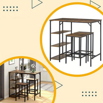 3-delige Tafelset – Eettafelset – Keukentafel – Barkrukken Set – Tafel Met Opbergruimte – Rustiek Bruin En Zwart – Compact Formaat 109x60x100 cm – Stevig Spaanplaat En Stalen Frame