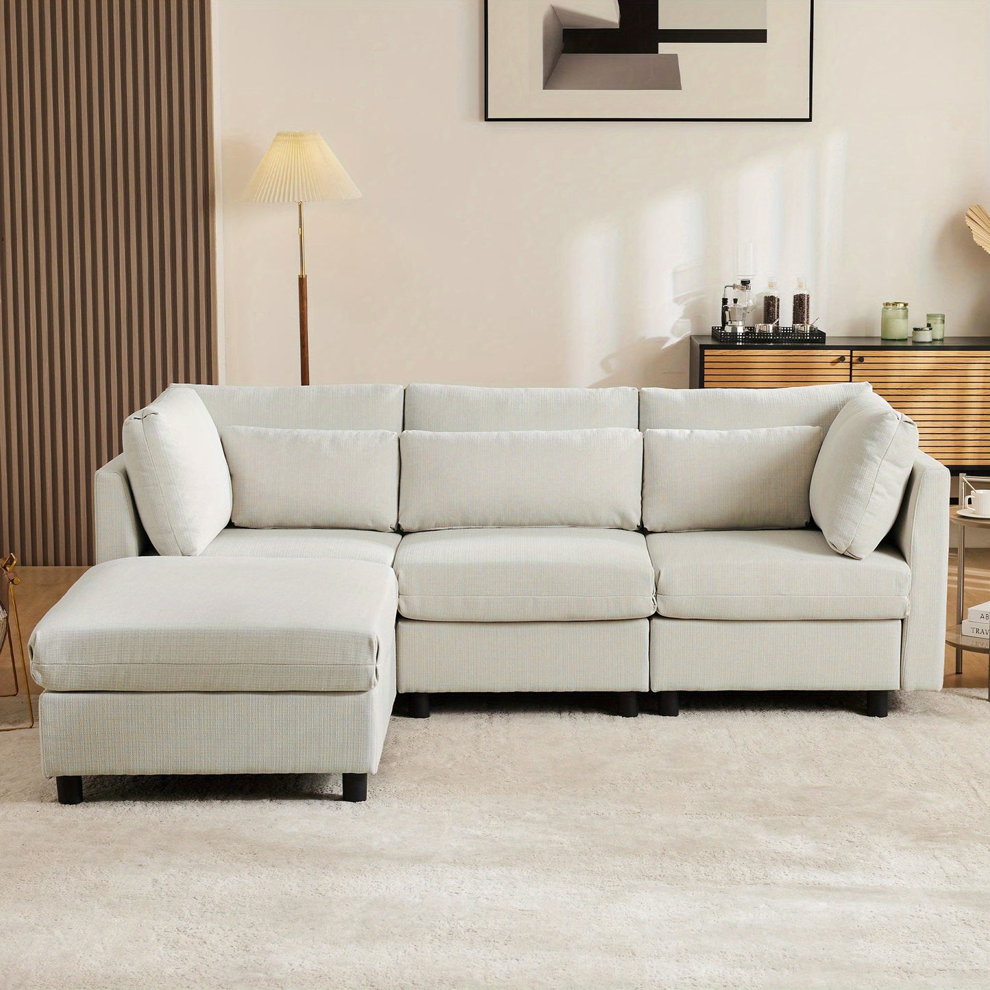 Hoekbank – Hoeksalon – Loungebank – Slaapbank – 3-Zitsbank – Katoen-Linnen Stof – Verwijderbare Voetenbank – Stevig Houten Frame – Comfortabele Kussens