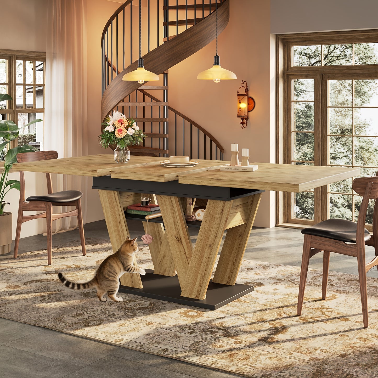 Extendable Dining Table with W-Shaped Legs - Expandable Kitchen Table Suitable for Small Spaces, Pull-Out (119-158.5×80cm), Assembly, Wood Color, Modern Style for Living Room & Dining Room