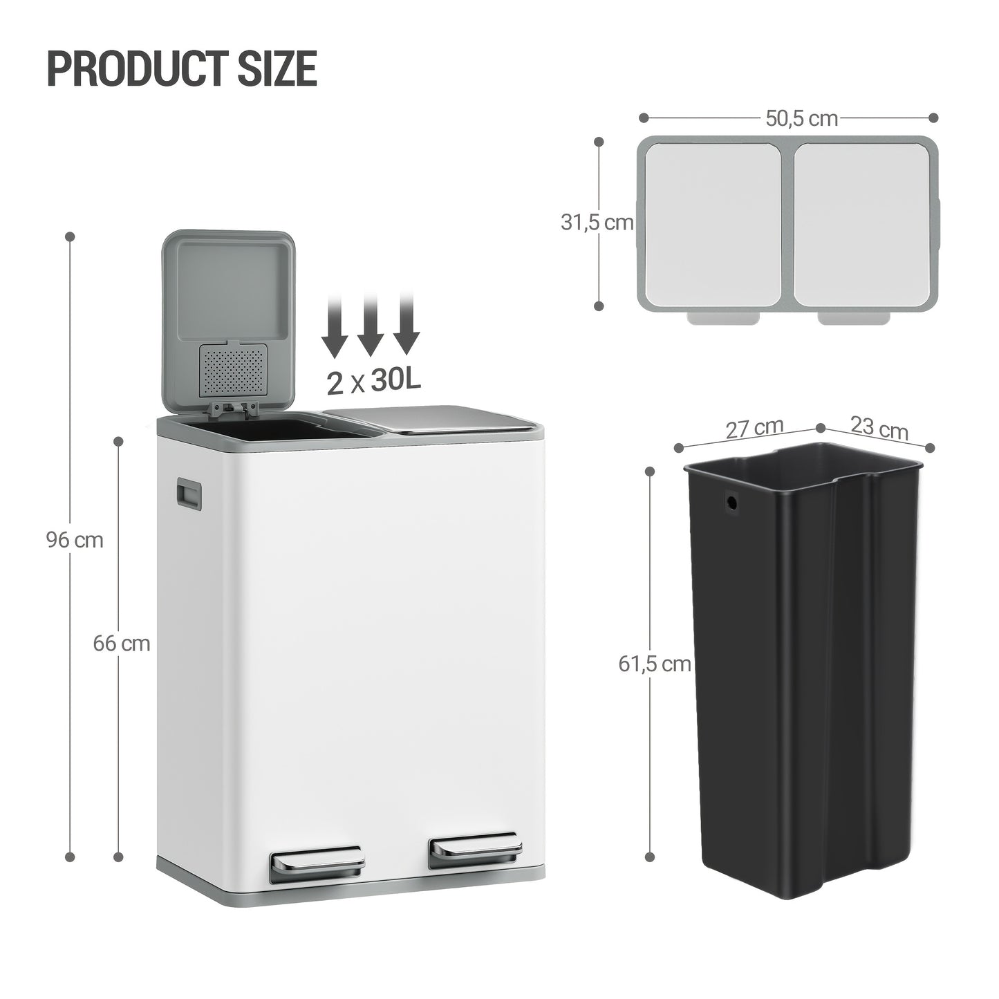 Keukenprullenbak – Afvalbak – Vuilnisemmer – Afvalcontainer – Prullenbak met pedaal – 60L (2x30L) – RVS – Geluidsdempende softclose – Inclusief 15 afvalzakken – Zwart