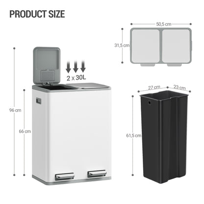 Keukenprullenbak – Afvalbak – Vuilnisemmer – Afvalcontainer – Prullenbak met pedaal – 60L (2x30L) – RVS – Geluidsdempende softclose – Inclusief 15 afvalzakken – Zwart