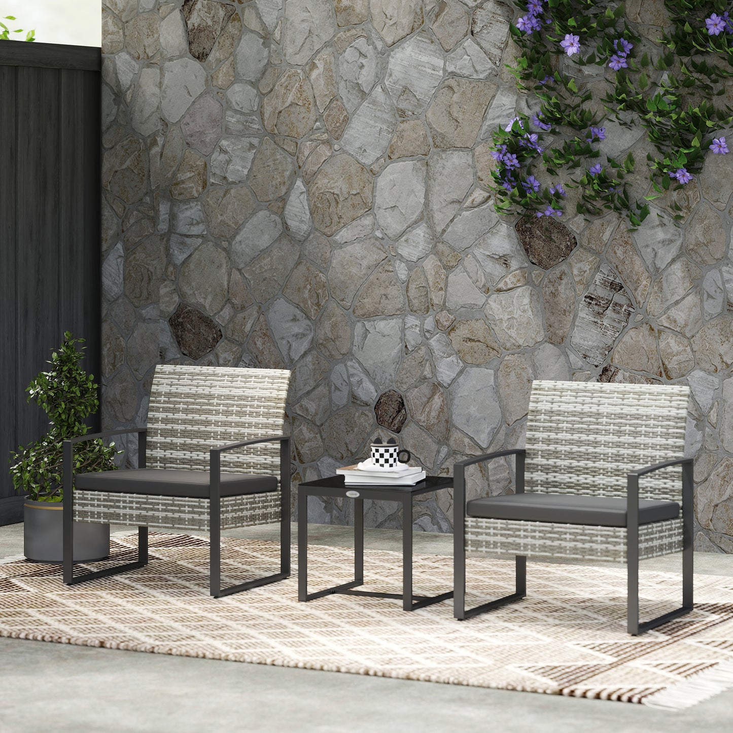 Loungeset – Tuinset – Balkonset – Bistroset – Loungemeubilair – Lichtgrijs – Weerbestendig PE Rattan – Glasplaat Bijzettafel