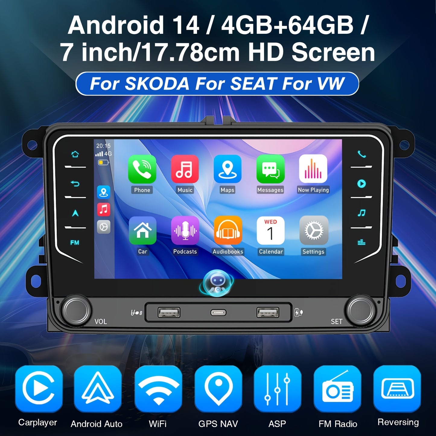 Android 14 Autoradio – Multimedia Systeem – Carplay Speler – Navigatie Radio – AHD Camera Inclusief – 7 Inch IPS Touchscreen – 4GB RAM 64GB Opslag