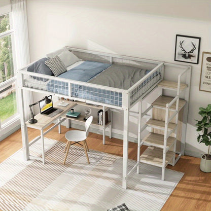 Metalen Halfhoogslaper – Hoogslaper Met Bureau – Bed Met Opbergruimte – Slaapbank – Kinderbed – Stevige Constructie – 140x200 cm
