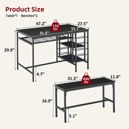 Eettafelset – Tafel en Banken – Keukentafel – Diningset – Compacte Eettafel – Ruimtebesparend Design – Ingebouwd Wijnrek en Opbergrek – Stevig Hardhout – Voor 4 Personen – Modern Zwart