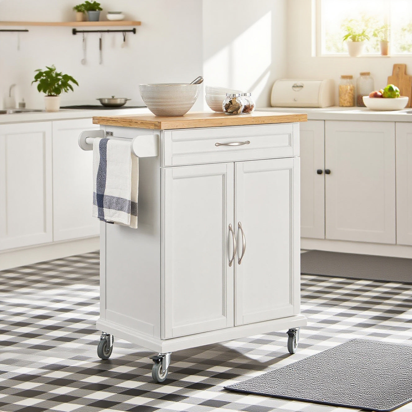 Keukentrolley – Keukenwagen – Serveerwagen – Keukenkast – Opbergtrolley – Bamboe Werkblad – 66x45x91 cm – MDF Frame – Verrijdbaar met Remmen