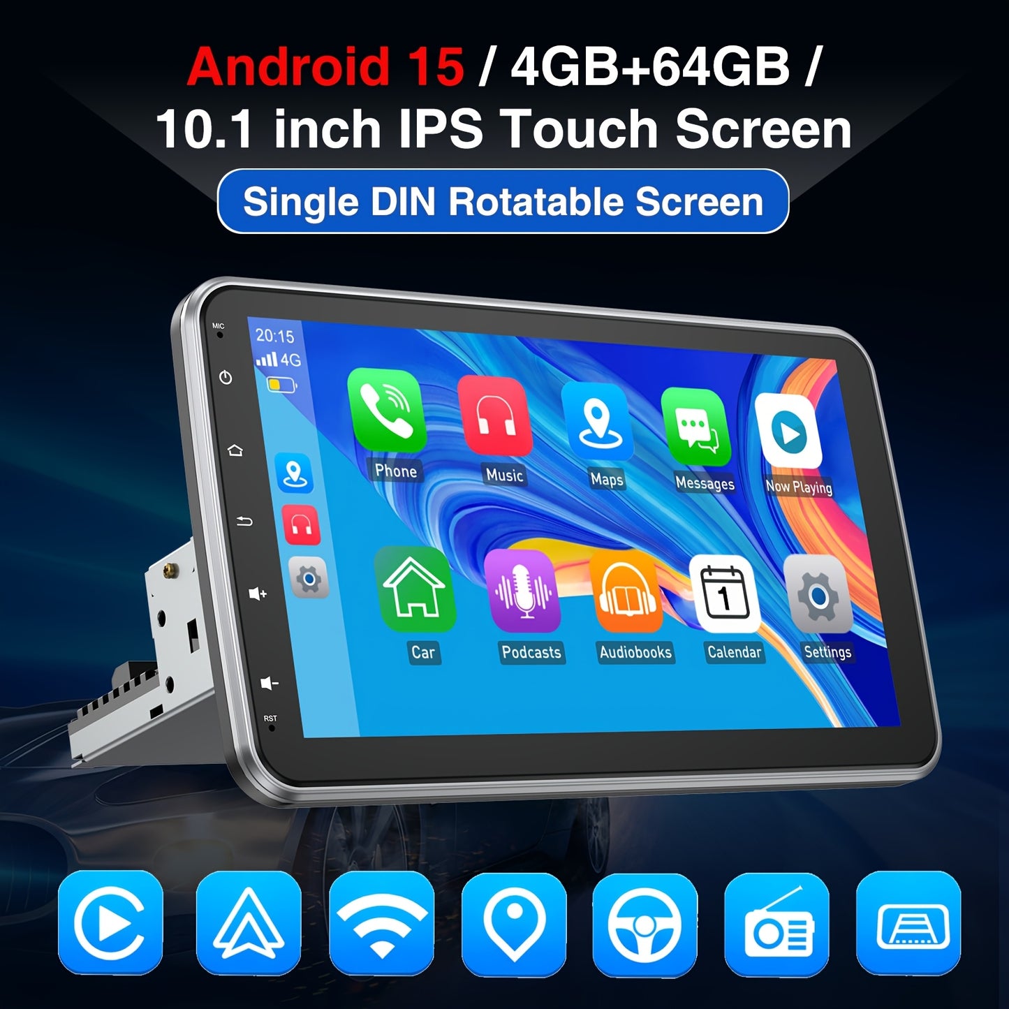 Universele 1-DIN Auto Stereo – Autoradio – Multimedia Speler – Inbouw Radio – Draaibaar Touchscreen – Android 15 OS – 10,1 Inch HD Scherm – Met Microfoon