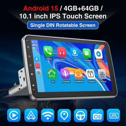 Universele 1-DIN Auto Stereo – Autoradio – Multimedia Speler – Inbouw Radio – Draaibaar Touchscreen – Android 15 OS – 10,1 Inch HD Scherm – Met Microfoon