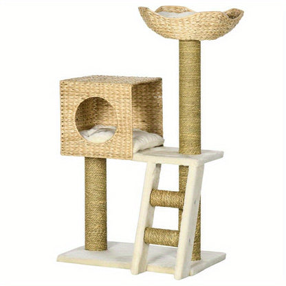 Scratching Post with Cat House, Sisal Scratching Columns, Washable Cushions, 100.5H x 57L x 37B cm, White/ Natural, Feline Enrichment, Pet Scratching Post, Stylish Cat Tree, Minimalist Design, Sturdy Frame, Sisal Rope Constru